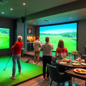 Group of friends enjoying indoor golf simulators