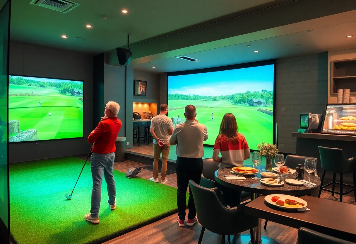 Group of friends enjoying indoor golf simulators