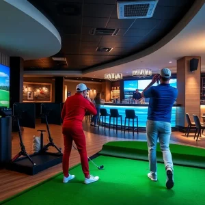 People playing indoor golf at The Cave