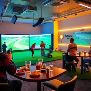 Golfers playing on an indoor golf simulator at The Cave in Southwest Florida