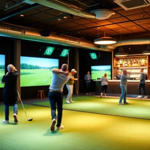 People playing golf at an indoor simulator in The Cave