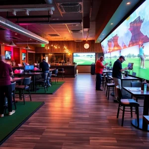 People enjoying indoor golf simulators in a lively environment