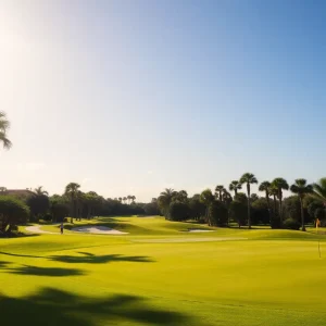 A scenic view of a golf course in Jacksonville, Florida, featuring lush greens and blue skies.