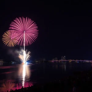 Fireworks lighting up the night sky over the St. Johns River in Jacksonville.