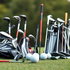 Display of new golf equipment including drivers, woods, and irons on a golf course.