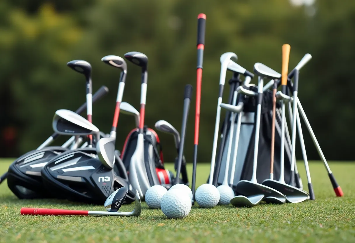 Display of new golf equipment including drivers, woods, and irons on a golf course.