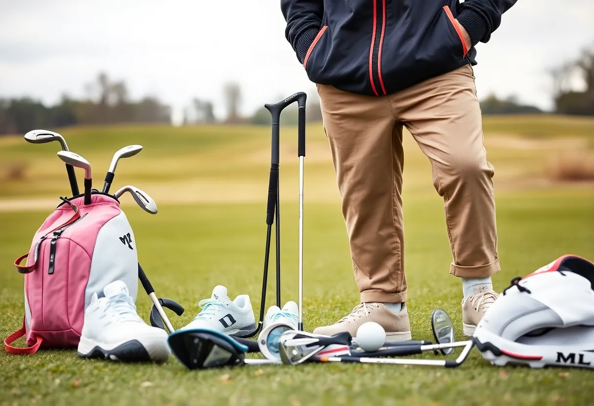 Collage of new golf gear including golf clubs, winter wear, golf boots, and accessories.