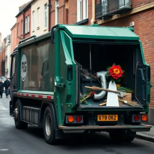 Garbage truck on narrow street with community lighting candles in remembrance.