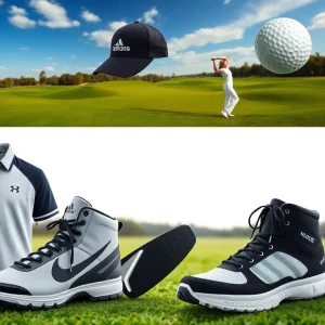 A display of new golf equipment releases including apparel and clubs.