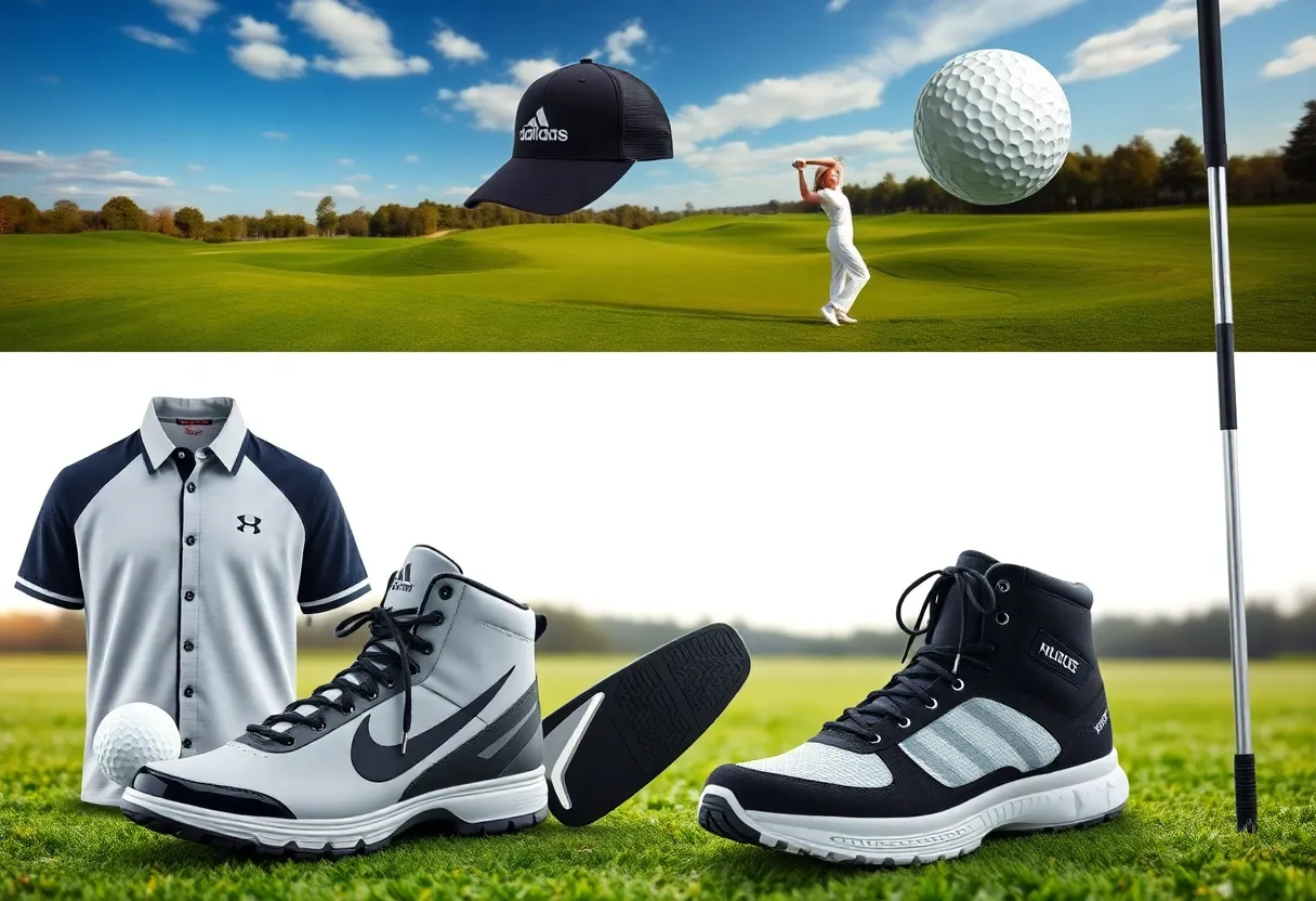 A display of new golf equipment releases including apparel and clubs.