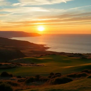 Scenic view of golfers playing at Old at Leven golf course