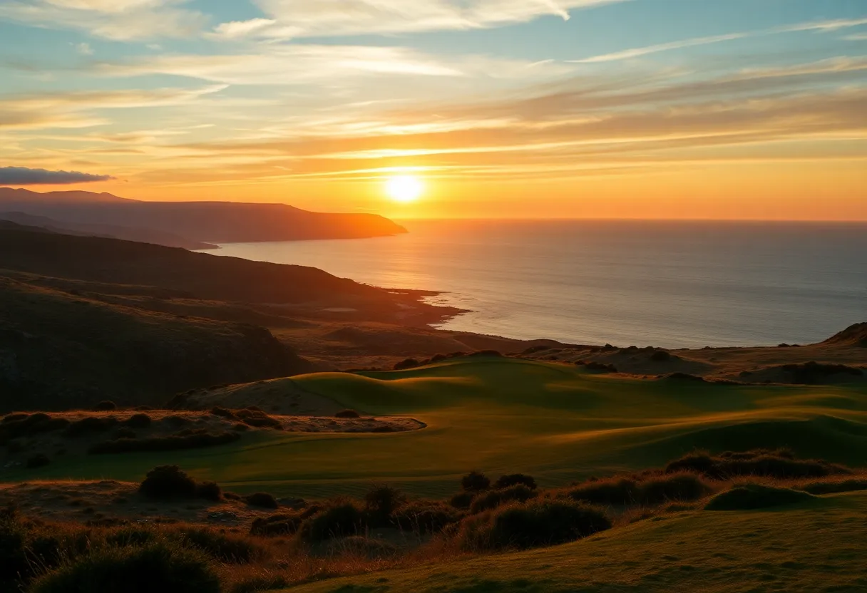 Scenic view of golfers playing at Old at Leven golf course