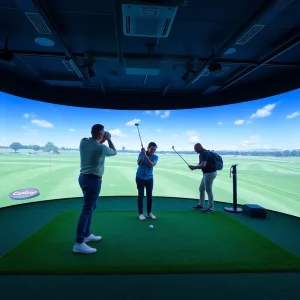 Golfers enjoying the Platform Golf indoor facility with innovative technology.