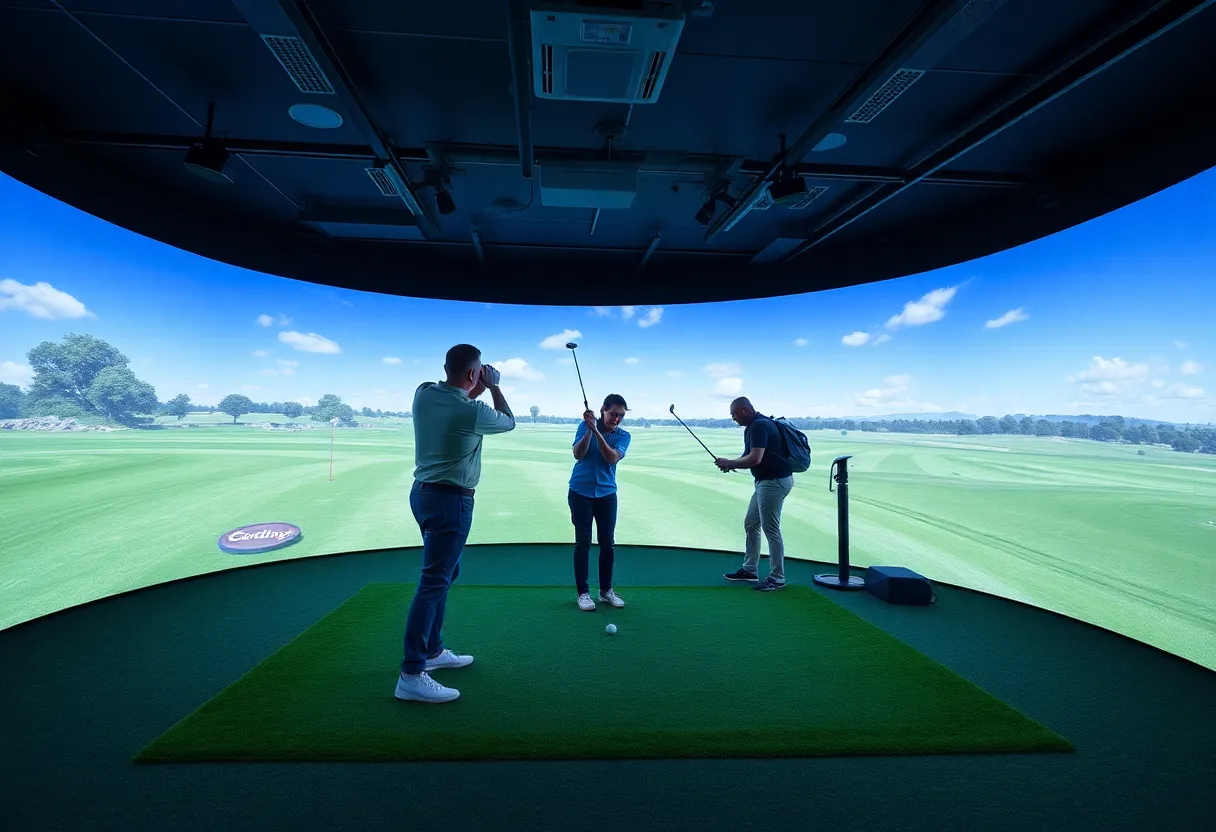 Golfers enjoying the Platform Golf indoor facility with innovative technology.