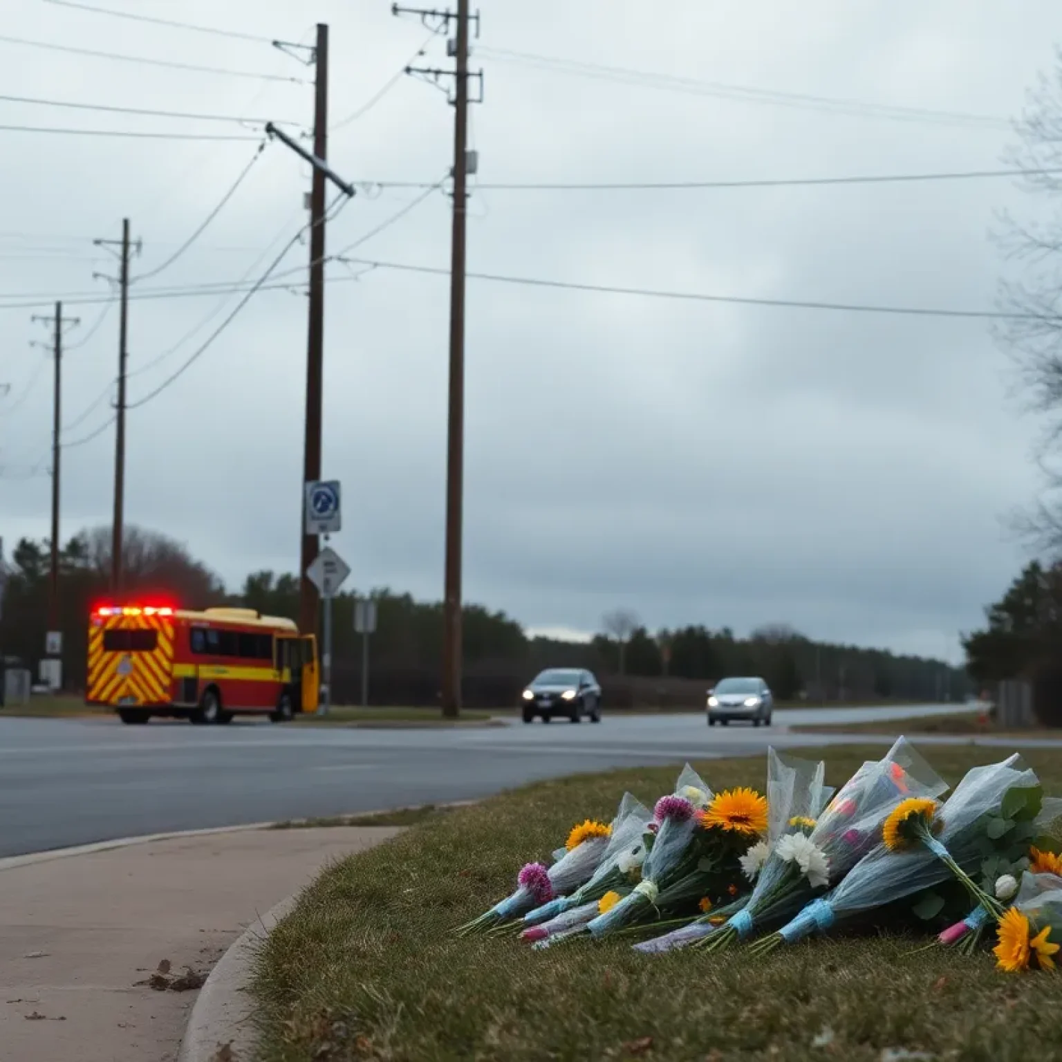 Memorial flowers at the site of a tragic car accident