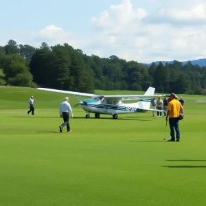 A small plane crash-landed on a golf course surrounded by trees and golfers in the background.