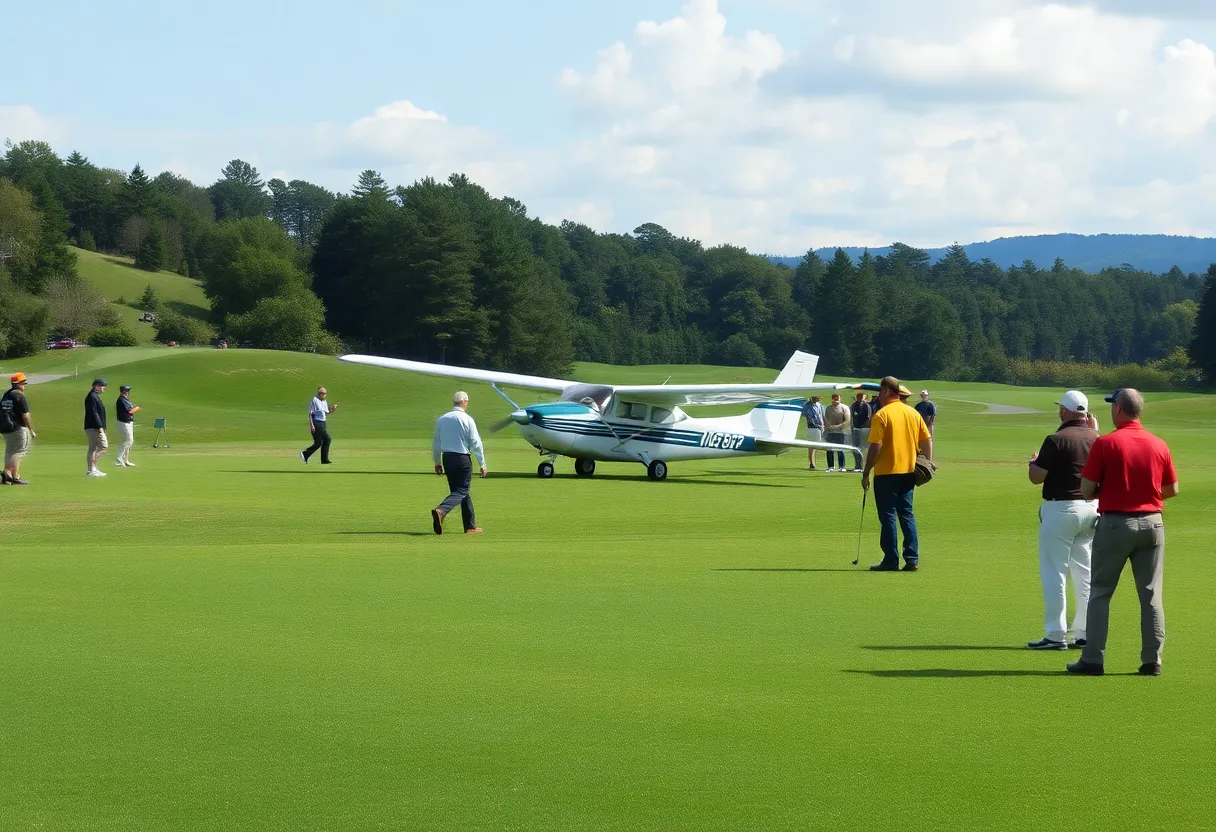 A small plane crash-landed on a golf course surrounded by trees and golfers in the background.