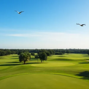 View of Soleta Golf Club's golf course with sandhill cranes