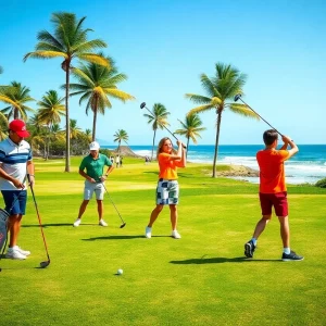 Golfers participating in the South Beach International Amateur tournament on a sunny beach course.