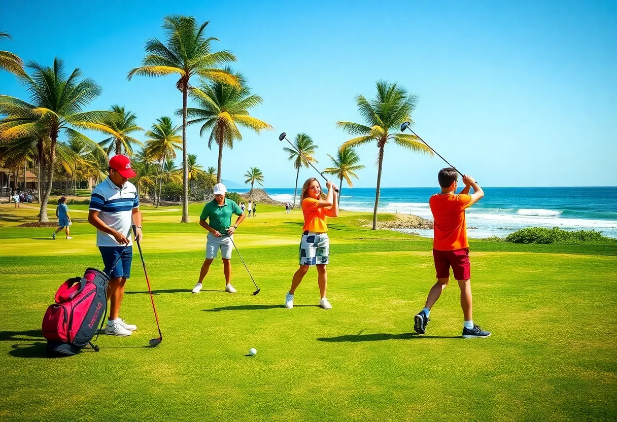 Golfers participating in the South Beach International Amateur tournament on a sunny beach course.