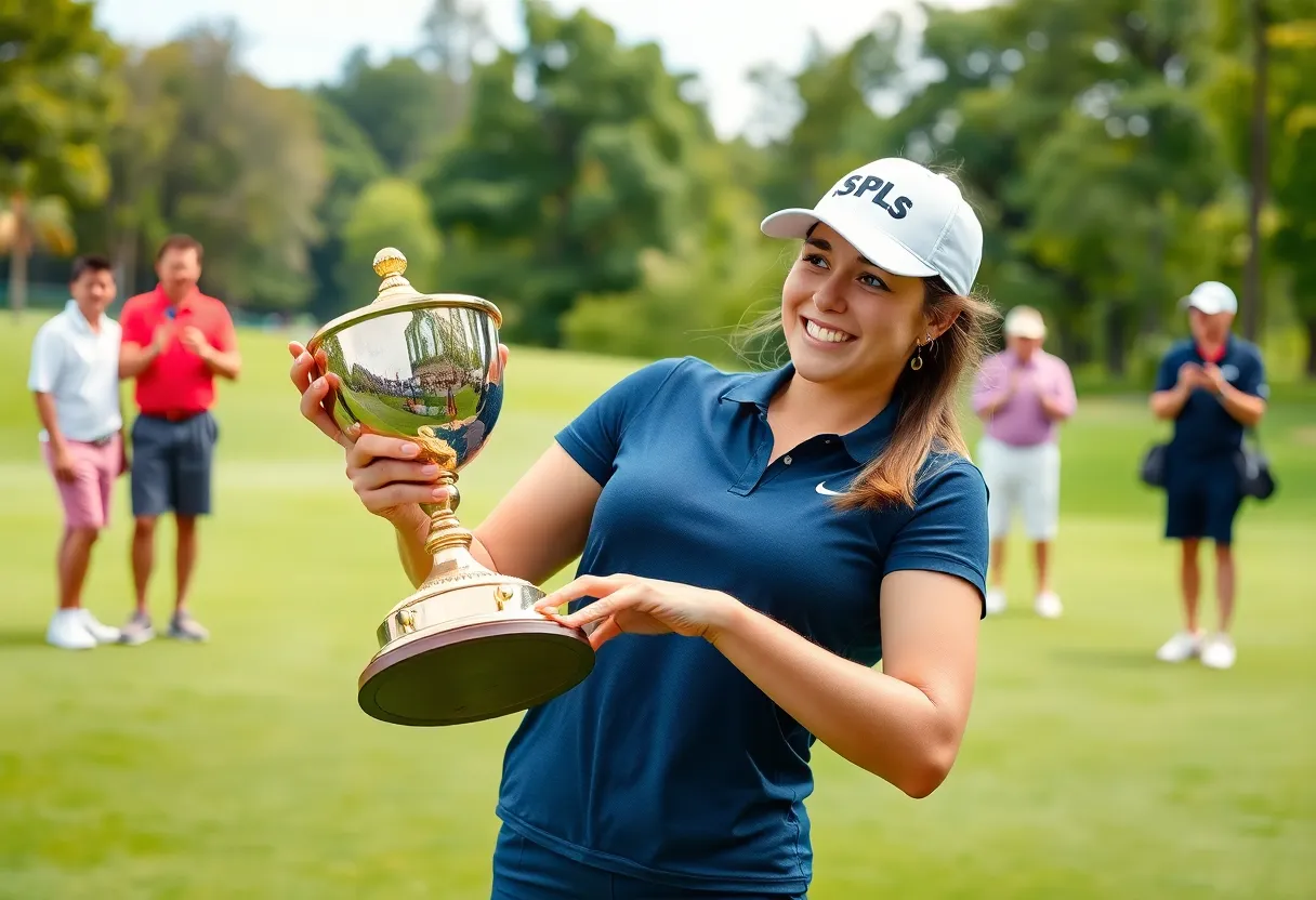 Florida golfer Tuttle celebrating her win at the Dixie Amateur tournament