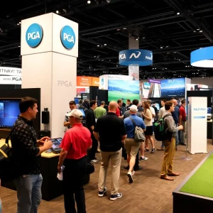 Uneekor booth at PGA Show with various golf technology displays.