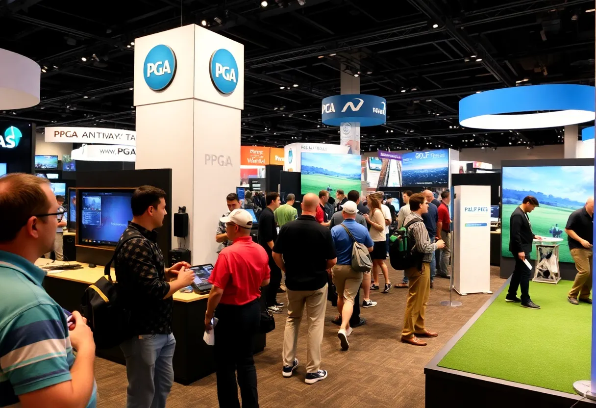 Uneekor booth at PGA Show with various golf technology displays.