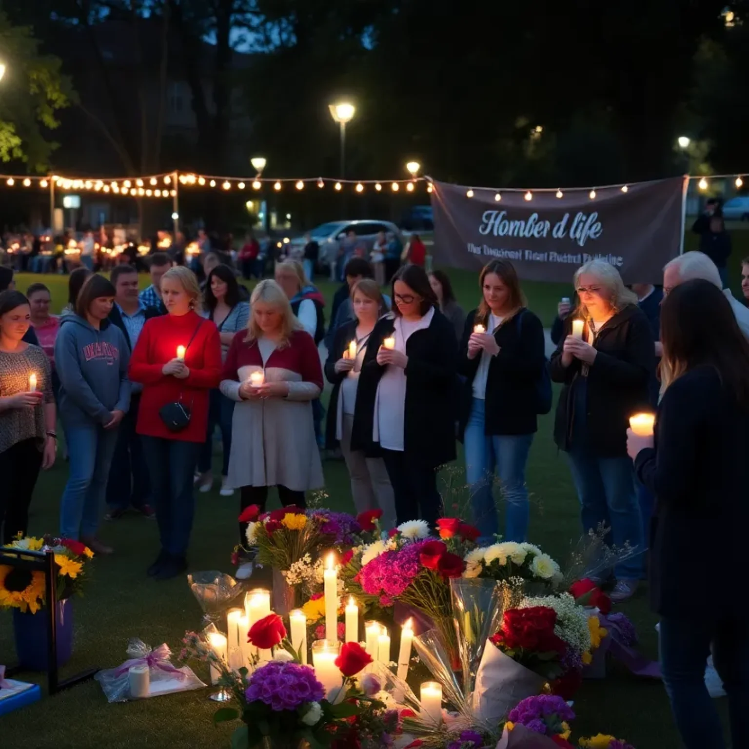 Community vigil for Julian Magaña with candles and flowers.