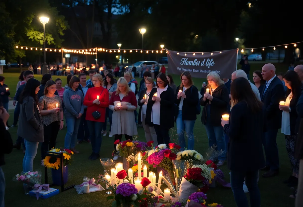 Community vigil for Julian Magaña with candles and flowers.