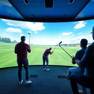 People enjoying a virtual golf simulator in a gaming center