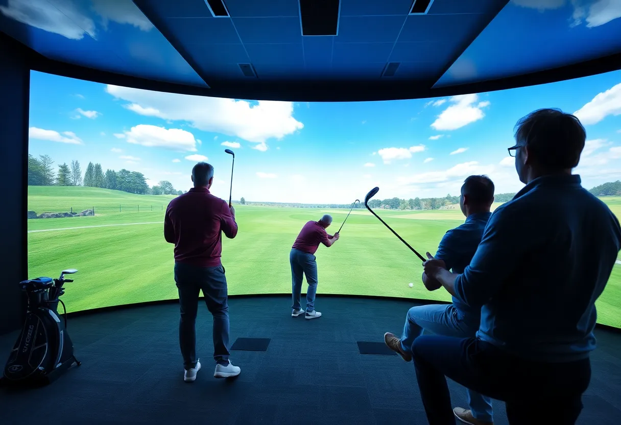 People enjoying a virtual golf simulator in a gaming center