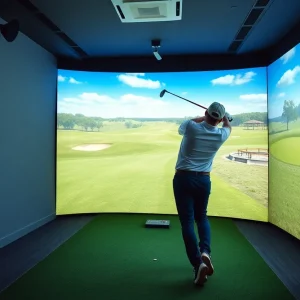 Group of friends playing virtual golf in a simulator