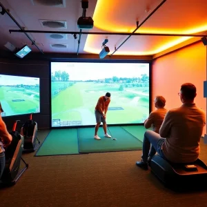 Group of friends enjoying a virtual golf game in an indoor simulator