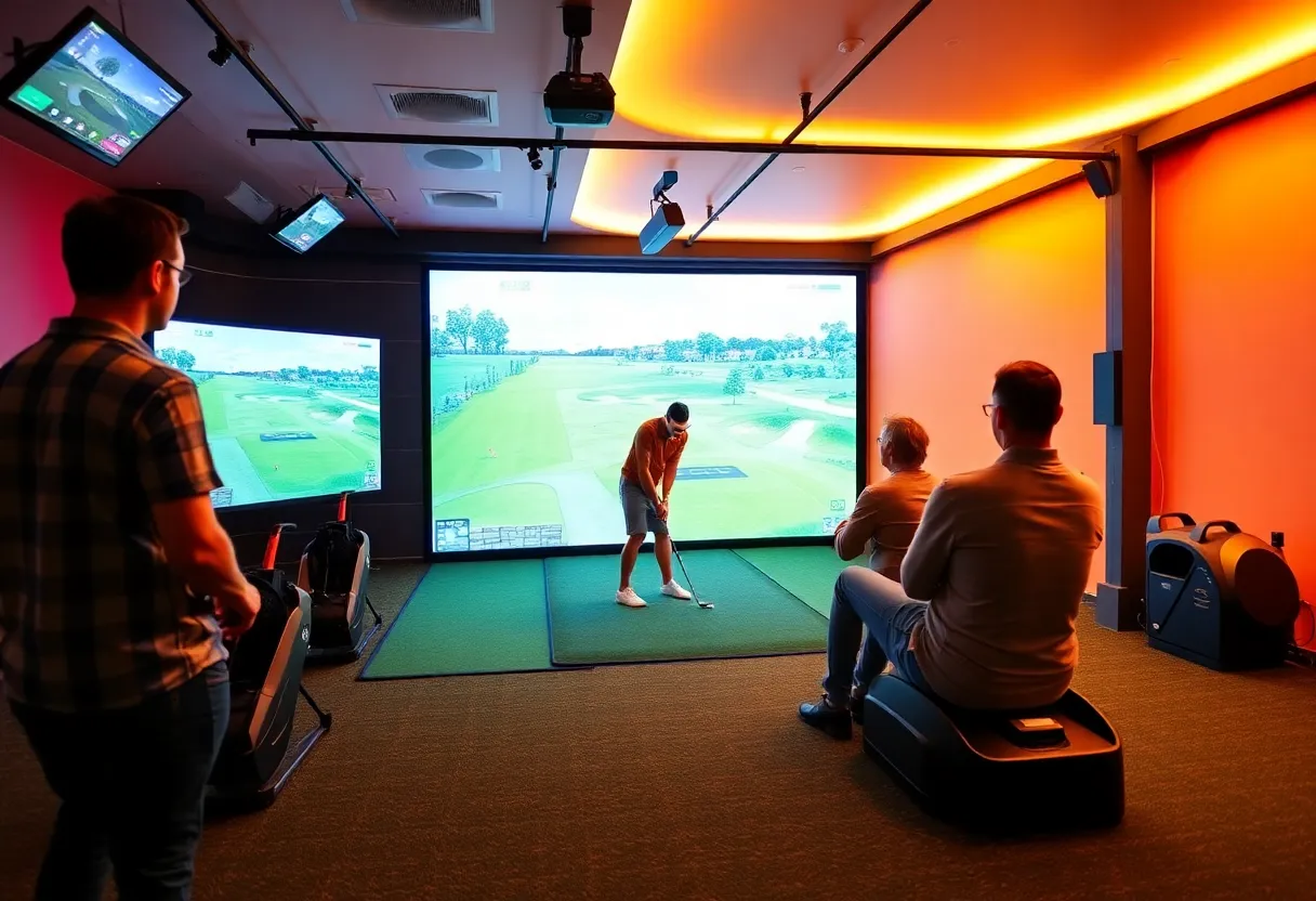 Group of friends enjoying a virtual golf game in an indoor simulator