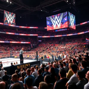 WWE wrestlers performing in a packed arena during the holiday tour.