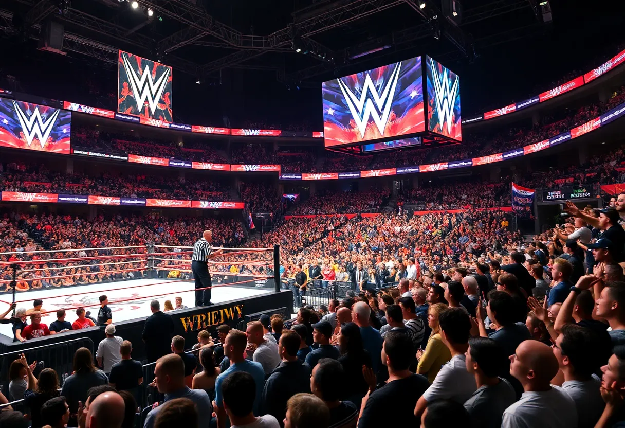 WWE wrestlers performing in a packed arena during the holiday tour.