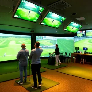 Group of friends enjoying indoor golf at X-Golf in West Palm Beach