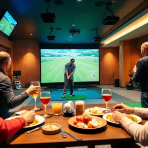 Interior view of X-Golf West Palm Beach with patrons enjoying indoor golf and food.