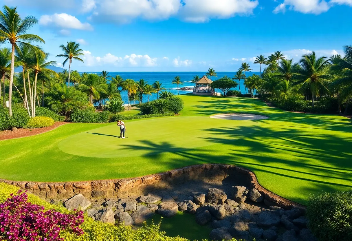 Golfers on a beautiful Hawaiian golf course during the 2025 PGA Tour season.