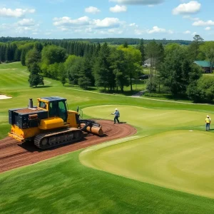 Restoration of the Baltusrol Golf Course with machinery and workers.