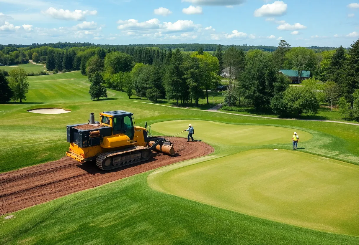 Restoration of the Baltusrol Golf Course with machinery and workers.