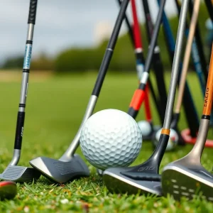 A variety of golf clubs suitable for beginners on a golf course.