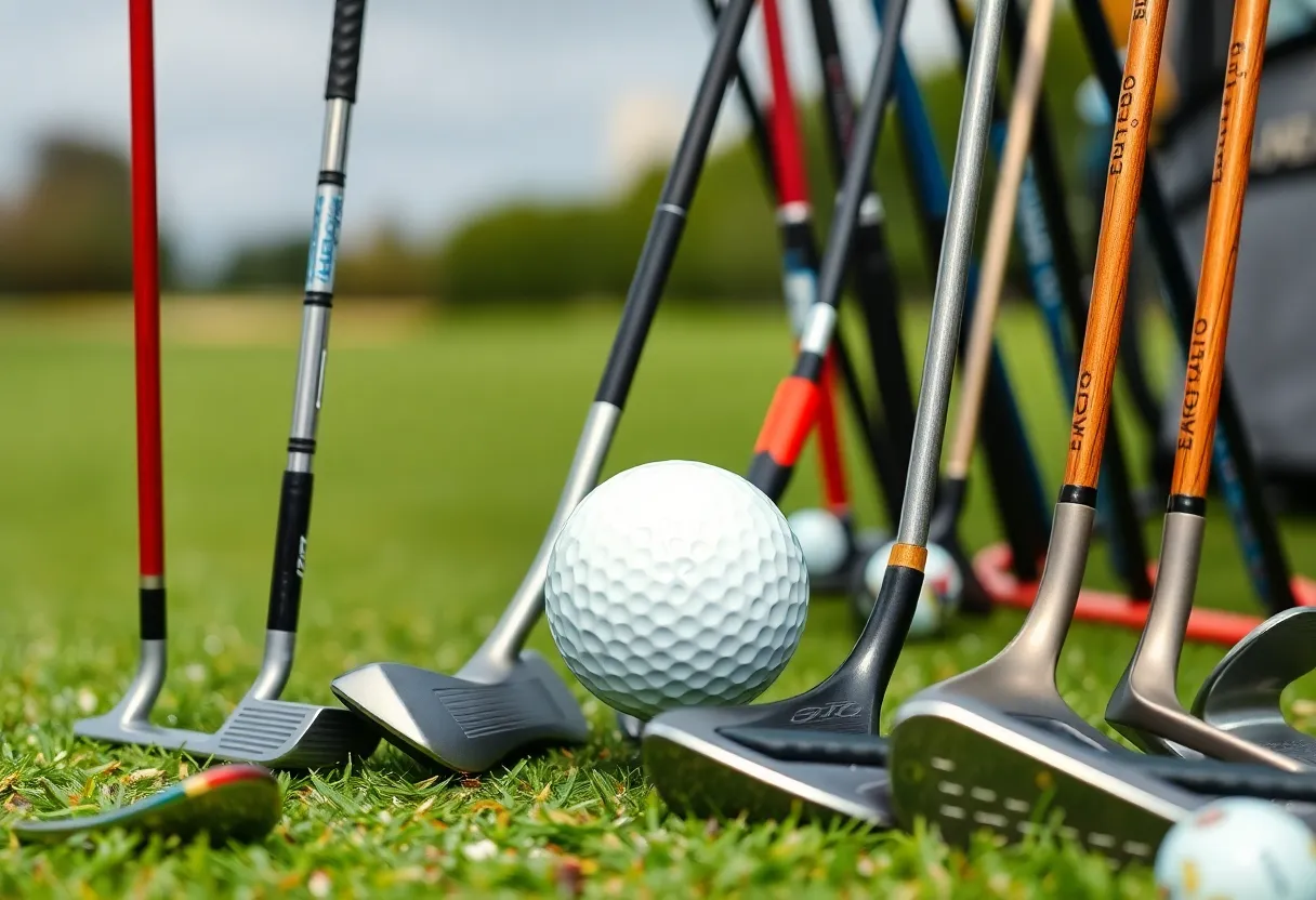 A variety of golf clubs suitable for beginners on a golf course.