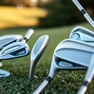 A collection of various golf irons displayed on green grass.