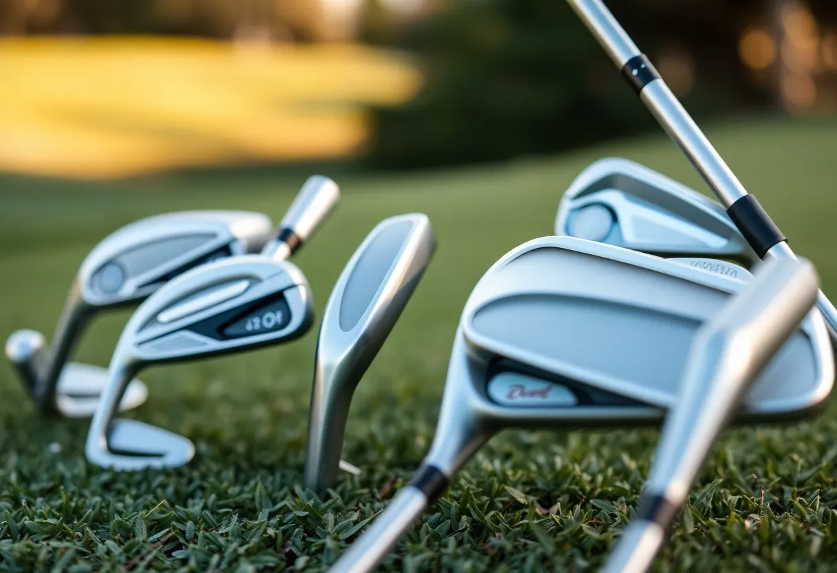 A collection of various golf irons displayed on green grass.