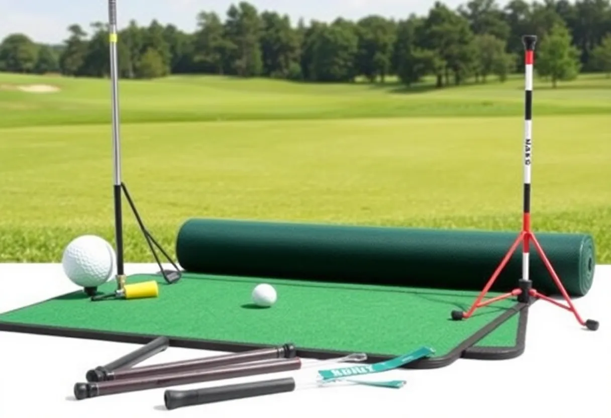 Various golf training aids on a golf course