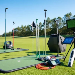 Variety of golf training aids on a golf course