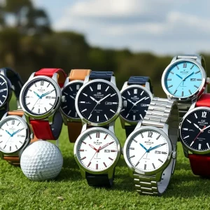 Various modern golf watches displayed on a golf course background.