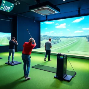 Indoor golf simulator bays filled with players enjoying golf