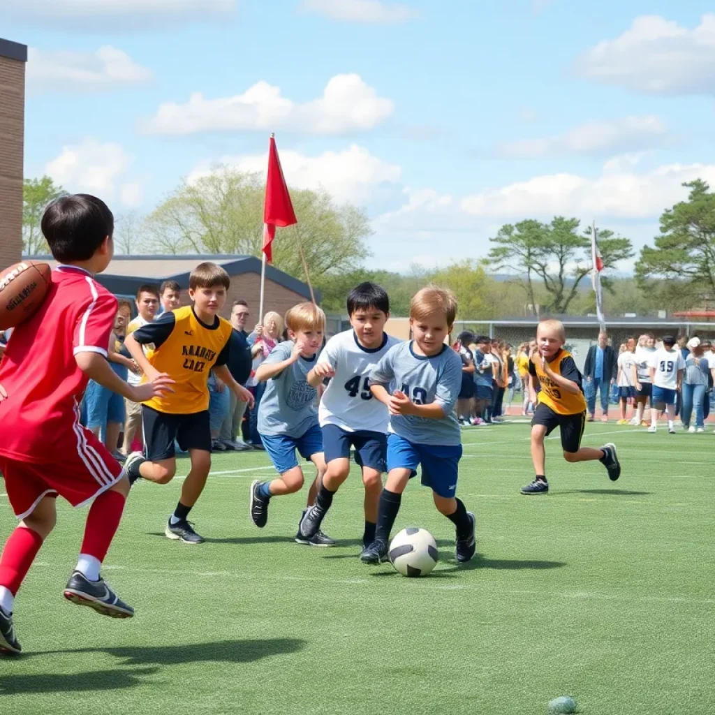 Young athletes playing flag football during the Bold Gold Games